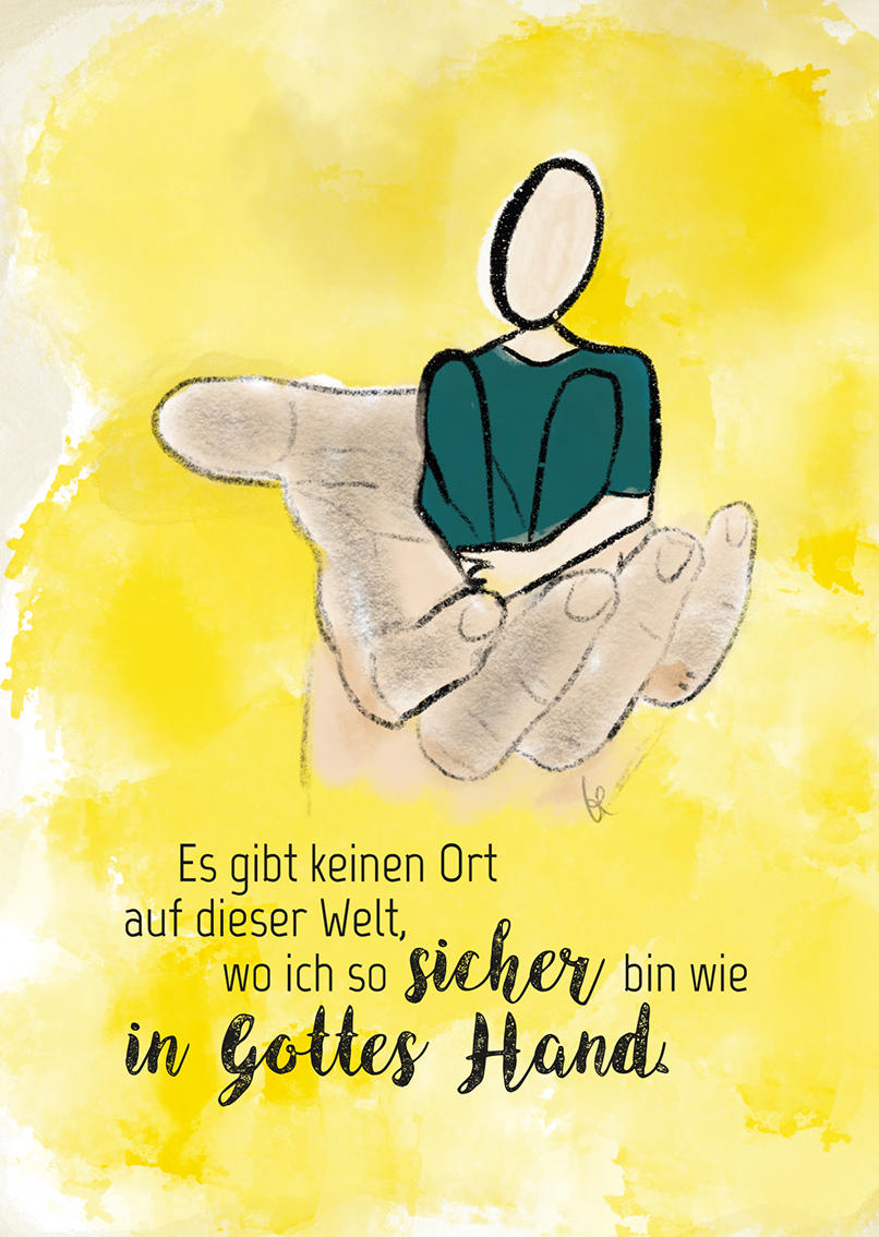 »Sicher in Gottes Hand«  Postkarte gelb